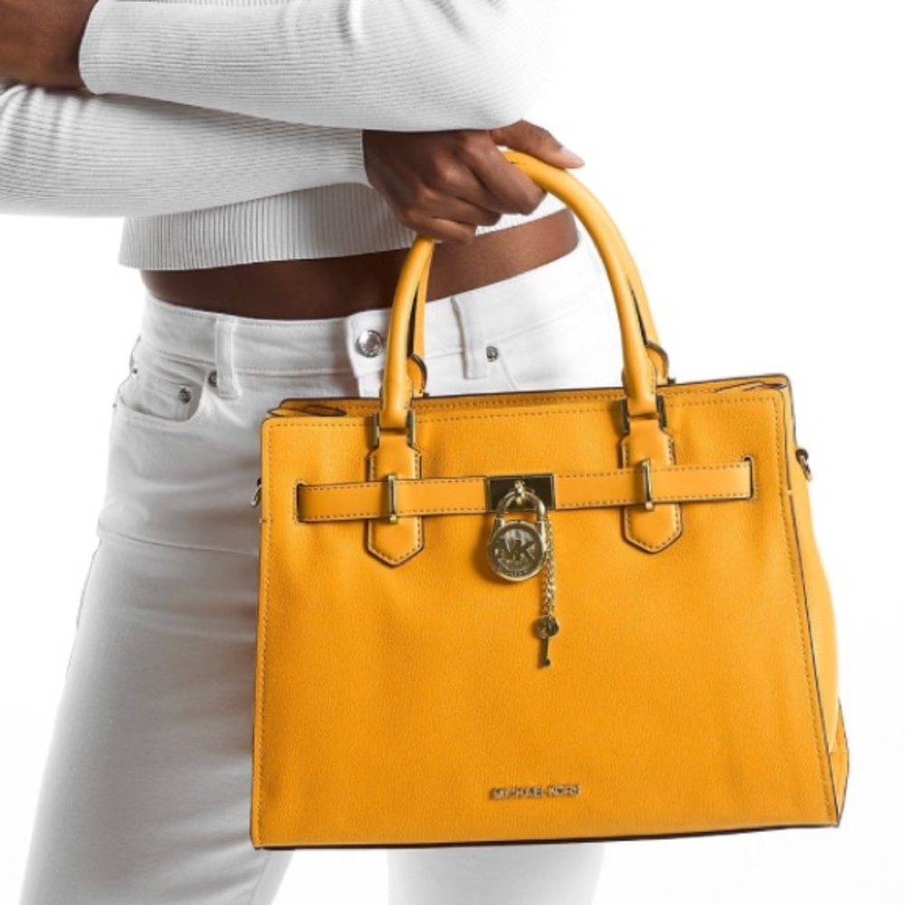 Michael Kors Hamilton Medium Top Zip Colorful Golden Rod Leather Satchel NWT